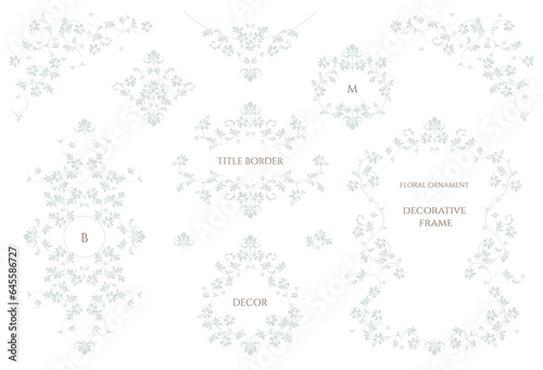 Set of decorative title borders, frames, corners and monograms. Graphic design page. Floral pattern.
