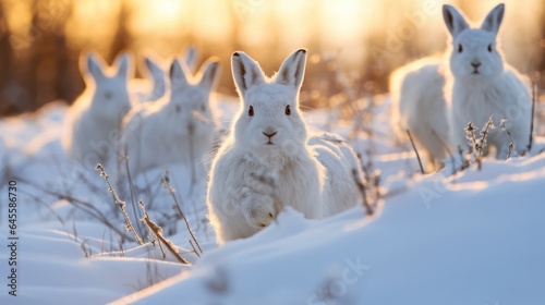 Agile snow hares, camouflaged in white, dash through snowy meadows. photo