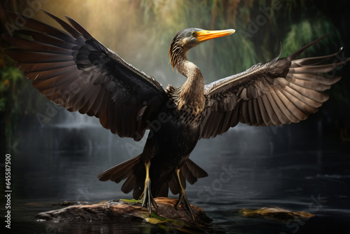 Image of cormorant spreads its wings in the fertile forest. Bird. Nature. Illustration, Generative AI. © yod67