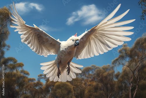 Image of a majestic cockatoo flying in the forest  Bird  Wildlife Animals.  Generative AI  Illustration.