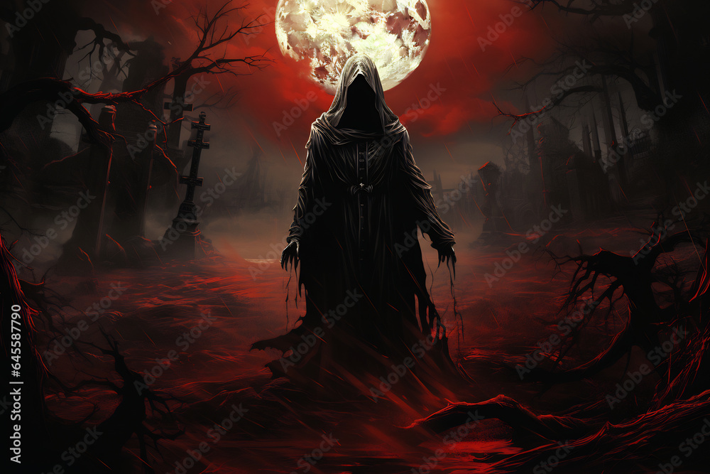 Scary grim reapers arrival at a haunted cemetary Scary grim reapers arrival at a haunted cemetary