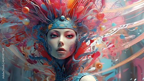 woman with colorful sci-fi hat/hair