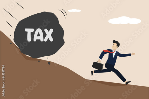 Heavy tax burden to pay off, heavy problems, bankruptcy, government liability concept, businessman running from rolling tax boulder. Vector illustration of successful businessman.