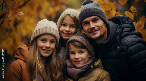 Portrait of a happy family in autumn park. They are looking at camera and smiling. © Jioo7