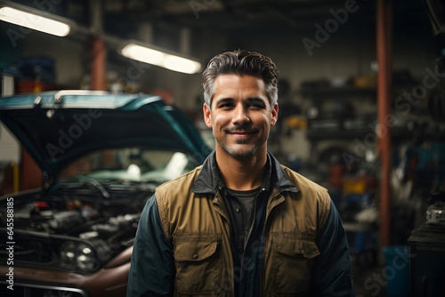 Portrait of a male mechanic working in a repair garage. Image created using artificial intelligence. © kapros76
