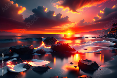 A vibrant sunset over a calm, coastal landscape. ai generative photo