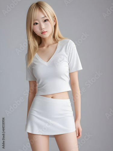 Beautiful korean girl aged 20, blonde hair, she is dressing mini skirt. ai generative