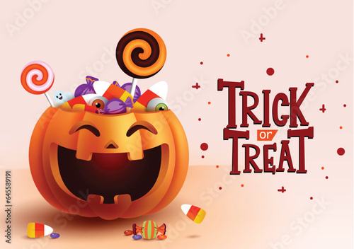 Trick or treat text vector design. Trick or treat pumpkin bucket full of sweet candies and lollipop elements for kids party horror celebration. Vector illustration invitation card background.
