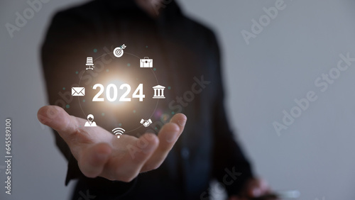 2024 new year for future business development related to artificial intelligence (AI) digital technology. Online data and business security.