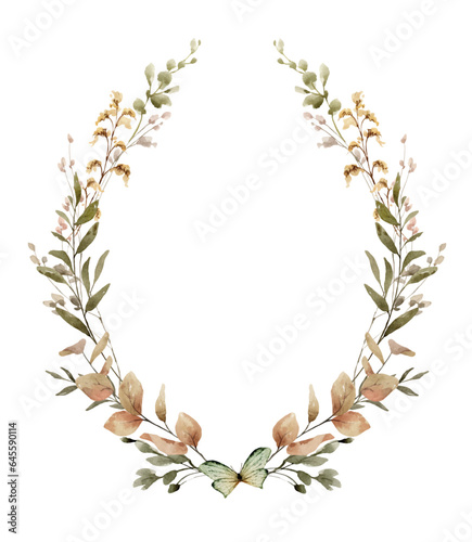 Watercolor vector frame with delicate twigs and a butterfly.
