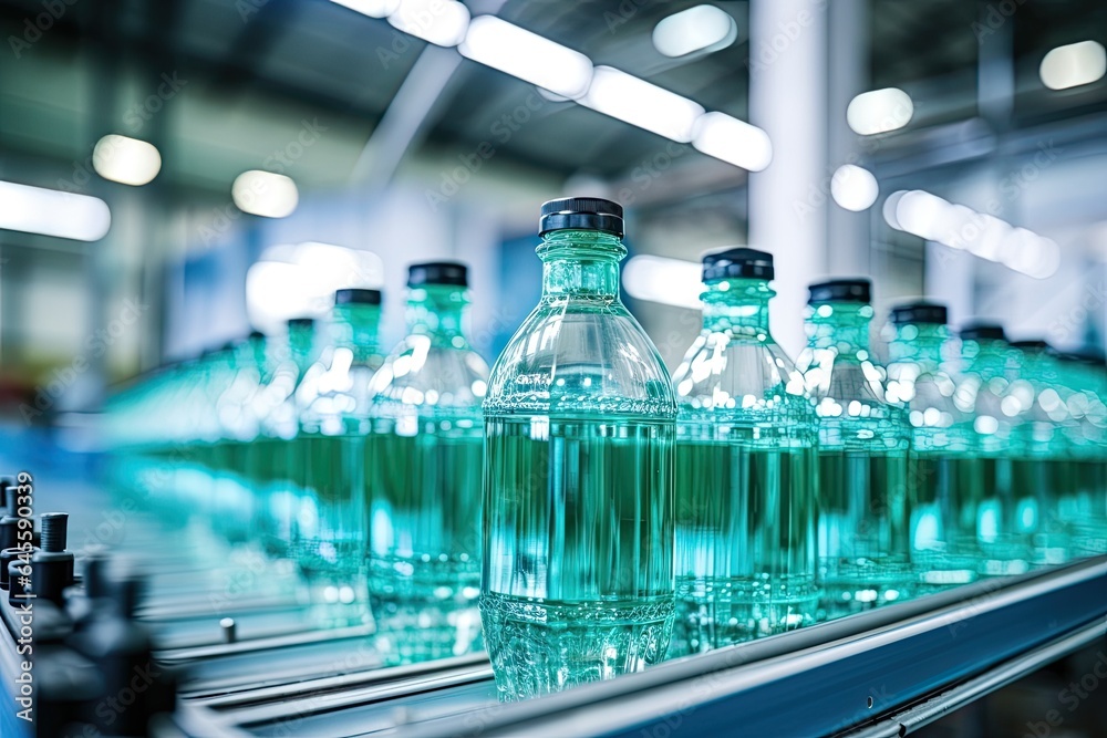 Conveyor line with plastic bottles on water factory production. Conveyor belt, juice in bottles, beverage factory. Industrial production line. Conveyor line with plastic bottles on water factory production. Conveyor belt, juice in bottles, beverage factory. Industrial production line.