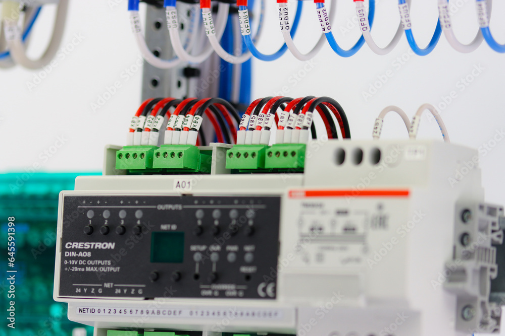 Crestron automation modules in an electrical switchboard. Stock Photo ...