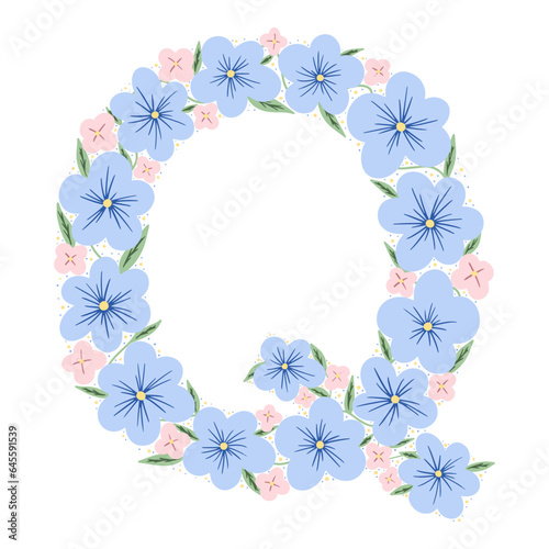 Floral botanical alphabet. Vintage hand drawn monogram letter Q. Letter with plants and flowers. Vector lettering isolated on white