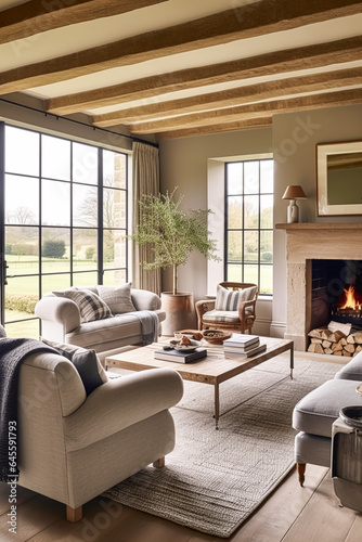 Modern cottage sitting room decor  interior design  living room furniture in neutral colours and fireplace  home decor in elegant English country house style  generative ai