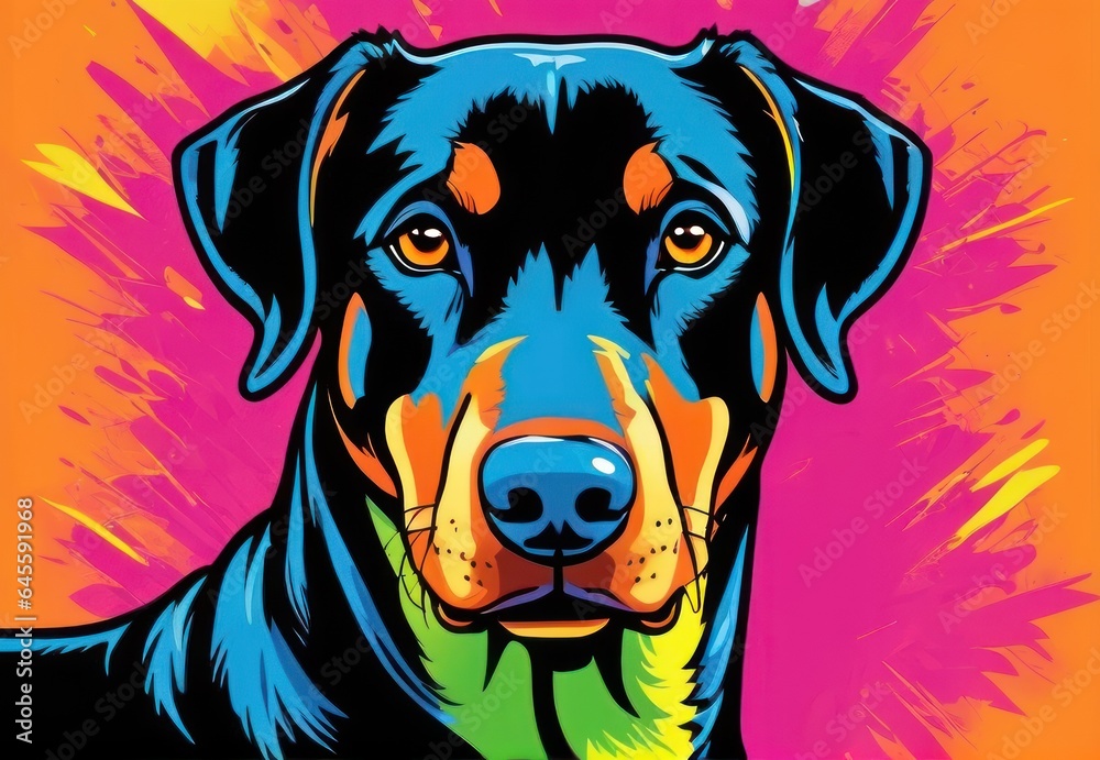 Obraz premium Bright drawing of a dog, doberman, on a T-shirt on a black background. Satirical, pop art style, vibrant colors, iconic characters, action-packed, suitable for mascot or logo or reproduce on canvas