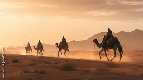 Herd of camel riders in the desert  AI generated Image
