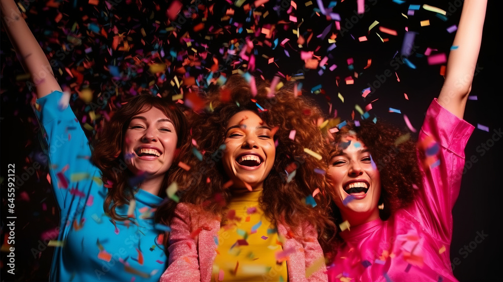 custom made wallpaper toronto digitalPhoto of carefree lady friendship have corporate festival buddies on neon modern disco with flying confetti hands up