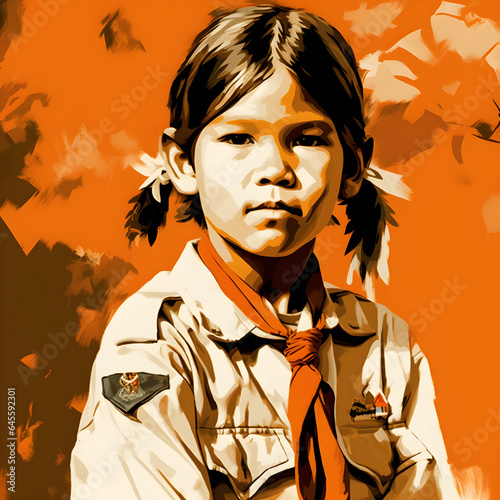 A Native North American child wearing an old uniform school. Every Child Matter. Orange Day. National day for Truth and Reconciliation  ai generated 