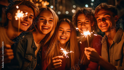 photo of Party with friends. Group of cheerful young people carrying sparklers and champagne flutes