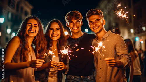 photo of Party with friends. Group of cheerful young people carrying sparklers and champagne flutes