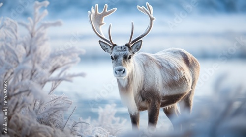 Majestic reindeer  antlers crowned with ice crystals  graze on frozen tundra.