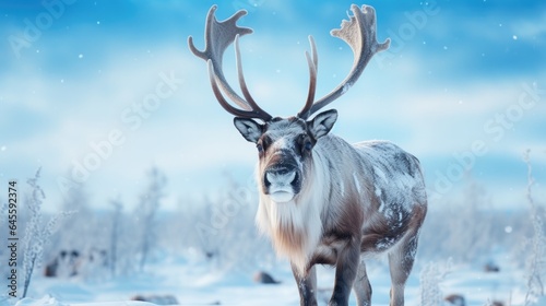 Majestic reindeer, antlers crowned with ice crystals, graze on frozen tundra. © Kanisorn