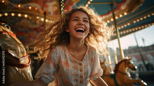 A happy young girl expressing excitement while on a colorful carousel, merry-go-round.genetarive ai © JKLoma