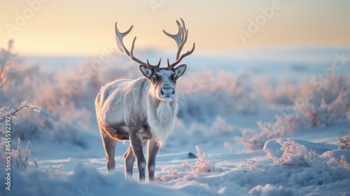 Majestic reindeer, antlers crowned with ice crystals, graze on frozen tundra. photo