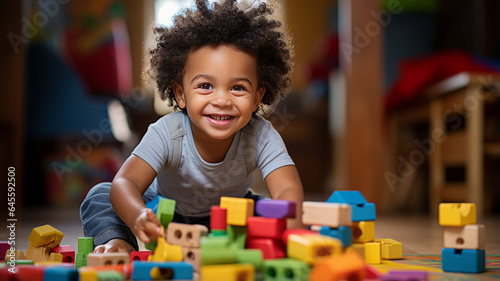 a young African American toddler playing with colorful wooden block toys.