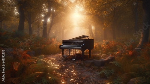 Surreal dreamscape forest and sunset and black grand piano. Generative AI photo