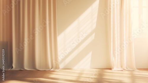 Minimalistic abstract gentle light beige background with light and shadow of window curtains on wall.