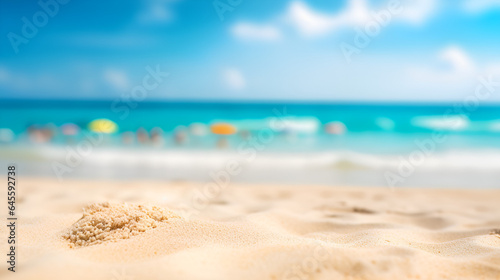 Abstract blur defocused background. Tropical summer beach with golden sand, turquoise ocean and blue sky with white clouds on bright sunny day. Generative AI