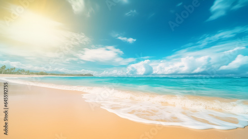 Abstract blur defocused background. Tropical summer beach with golden sand  turquoise ocean and blue sky with white clouds on bright sunny day. Generative AI