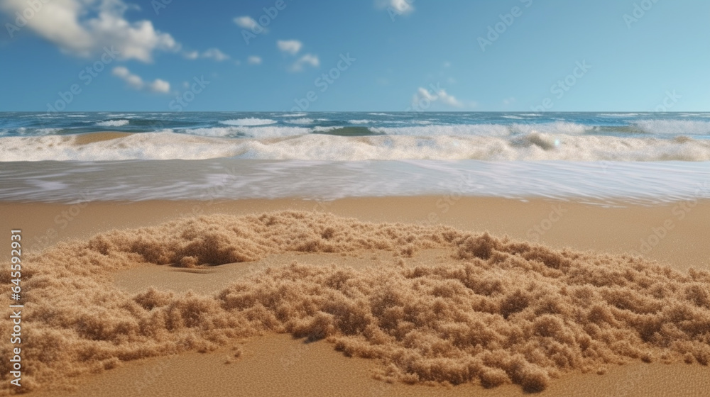 Beach Sand Sea Background, Summer Shore Water Blue Sky White Cloud Season. Generative AI Beach Sand Sea Background, Summer Shore Water Blue Sky White Cloud Season. Generative AI