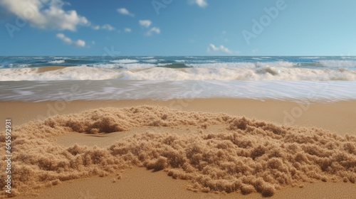 Beach Sand Sea Background  Summer Shore Water Blue Sky White Cloud Season. Generative AI
