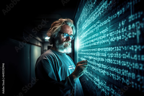 Mature man solving complex problem on a large luminous screen, big language models
