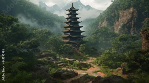 A photograph of a Buddhist temple's pagoda rising up out of the mountain landscape. Generative AI