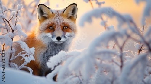 Snow-covered landscapes transform into a wonderland, sheltering fox in frosty silence. © Kanisorn