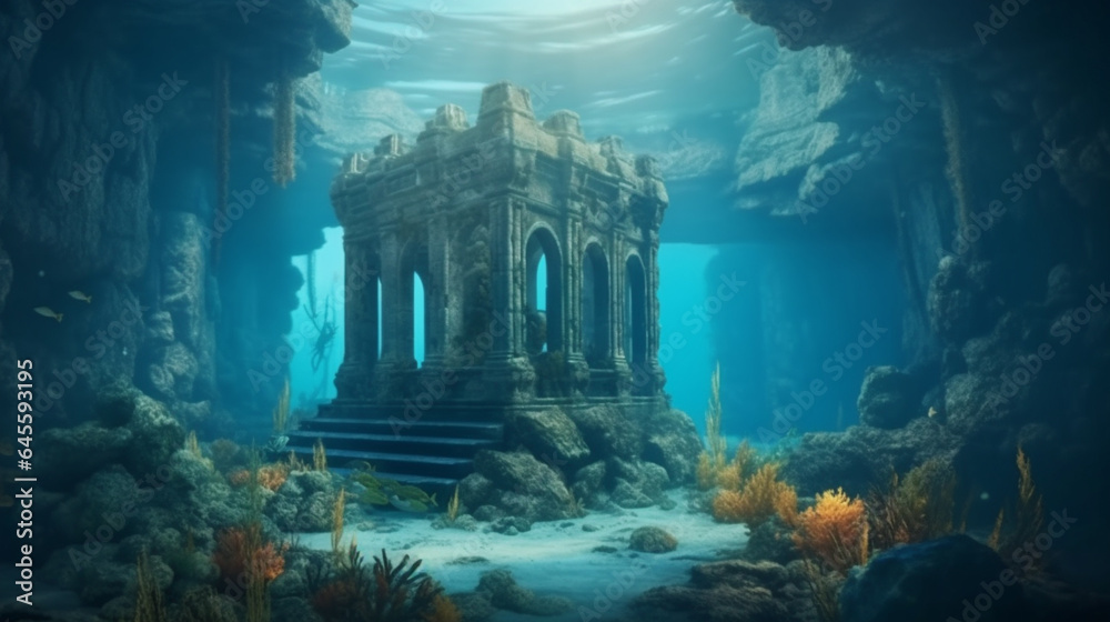 Old ruin castle under the sea. Atlantis theme concept. Generative AI Old ruin castle under the sea. Atlantis theme concept. Generative AI