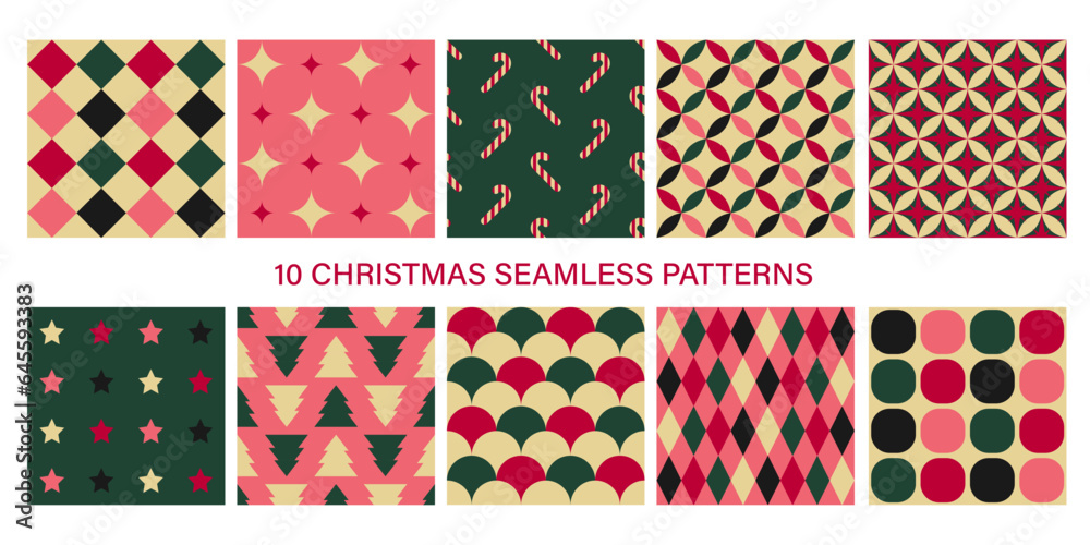 Set of christmas geometric patterns. For fabric, cover, cards, print, celebration background. Merry Christmas and Happy New Year