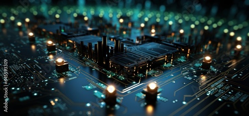 A close up of a blue circuit board with small objects