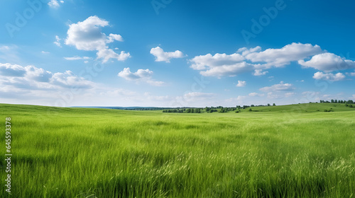 Beautiful natural scenic panorama green field of cut grass into and blue sky with clouds on horizon. Perfect green lawn on summer sunny day  Generative AI 