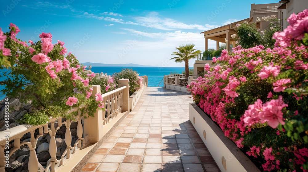 Beautiful resort promenade with blooming colorful oleanders against a backdrop of the Mediterranean Sea and blue sky Generative Ai