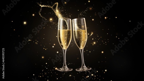 Two champagne glasses background, clinking together, toasting to joy.