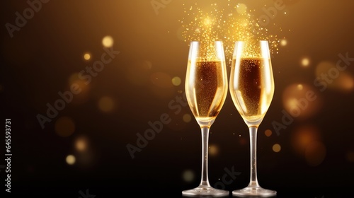 Two champagne glasses background, clinking together, toasting to joy.