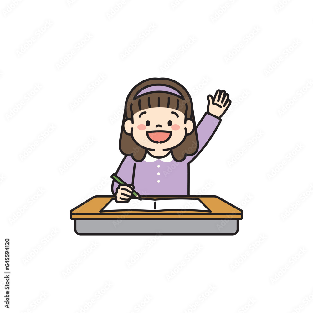 教室で授業中に手をあげる女の子のイラスト 教室で授業中に手をあげる女の子のイラスト