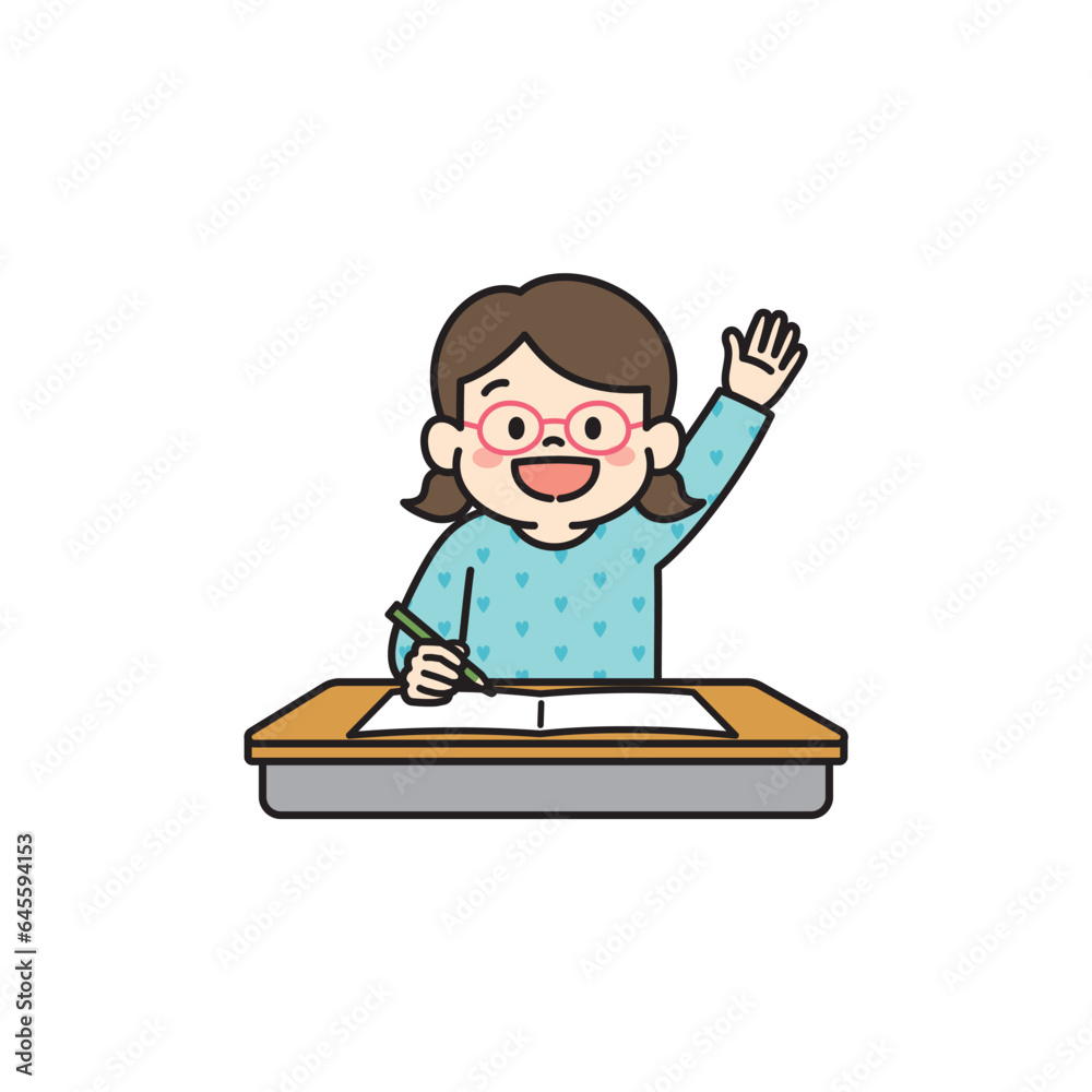 教室で授業中に手をあげる女の子のイラスト 教室で授業中に手をあげる女の子のイラスト