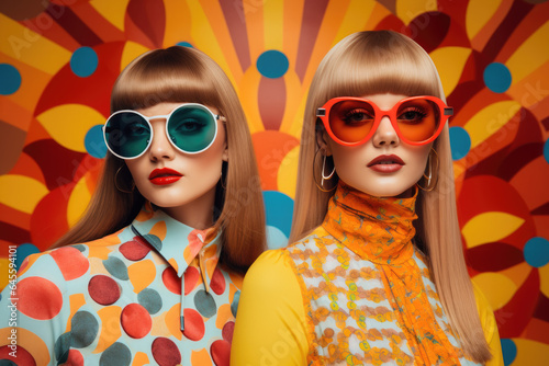 a retro inspired fashion shoot featuring bold patterns and vibrant colors, woman photo