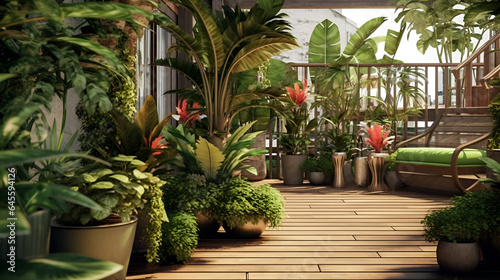 Lots of beautiful green lush indoor plants on the terrace. Decoration and landscaping of the terrace generative AI