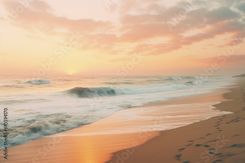 serene beach at sunrise, capturing the gentle waves and warm hues of the sky